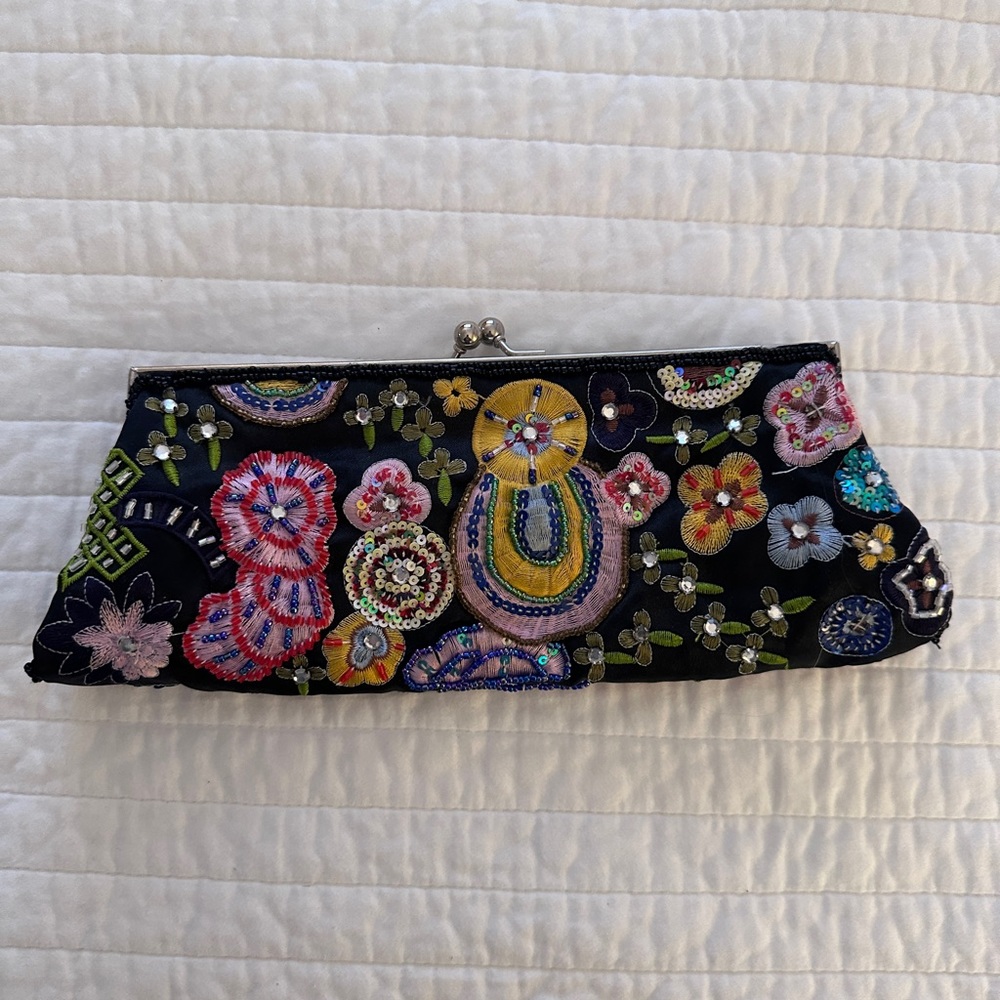 New York & Co satin embroidered beaded clutch